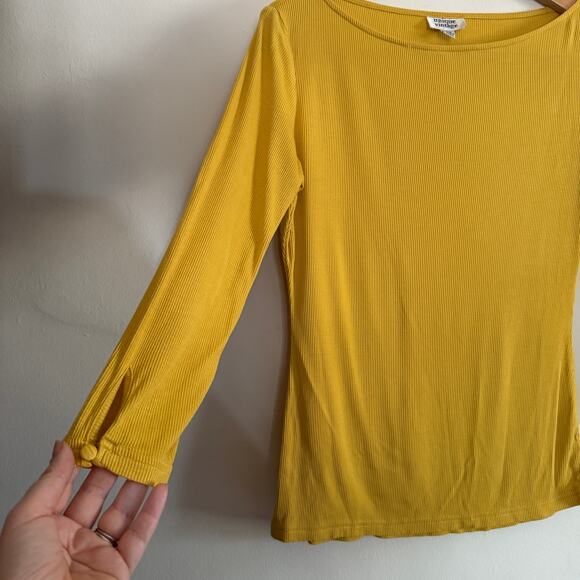 UNIQUE VINTAGE | Mustard Yellow Ribbed Boat Neck 3/4 Sleeve Shirt | Medium - Picture 3 of 5